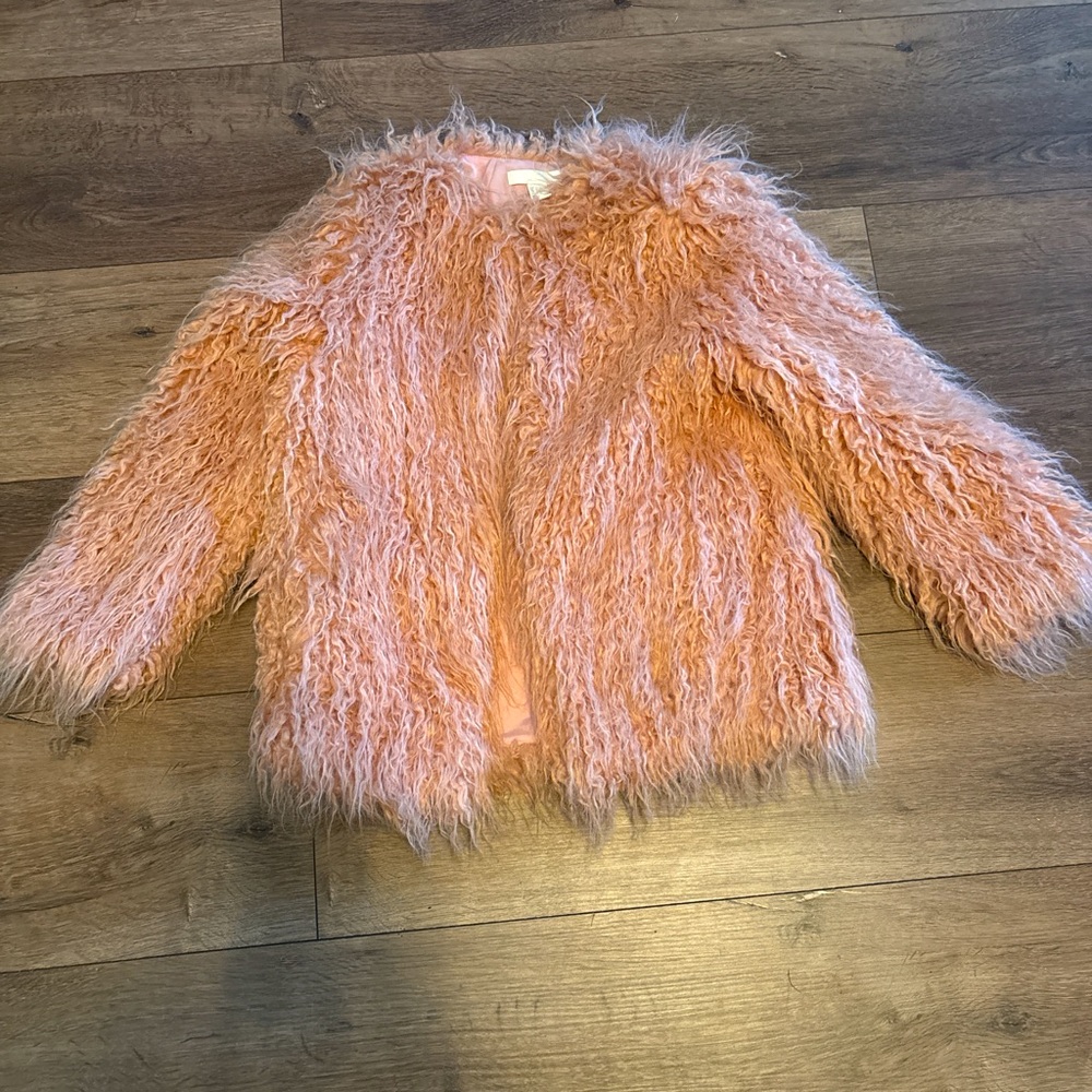 Pink shag, faux fur coat with clasps